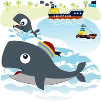 Big whale with it cub, cargo ship in the sea on island background, vector cartoon illustration