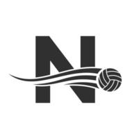 letra inicial n concepto de logotipo de voleibol con icono de voleibol en movimiento. plantilla de vector de símbolo de logotipo de deportes de voleibol