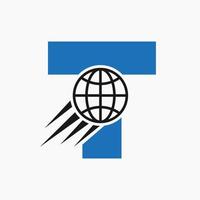 Letter T Global Logo Concept With Moving World Icon. Global Logotype Symbol Vector Template