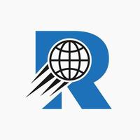 Letter R Global Logo Concept With Moving World Icon. Global Logotype Symbol Vector Template