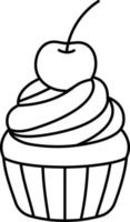 pastel de taza con cobertura de cereza y crema línea de ilustración de elemento de icono de postre con estilo de color blanco vector