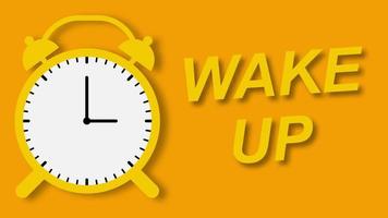 Alarm clock with wake up text on yellow background with shadow. Vector illustration. EPS 10.