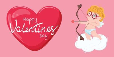 Happy Valentines day illustration with the adorable cupid wearing eyeglasses and aiming a bow and arrow addressing a huge red heart. For templates, cards, prints, advertisements, backgrounds. vector