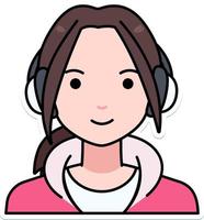 mujer joven niña avatar usuario persona gente auricular sudadera con capucha contorno pegatina coloreada estilo retro vector