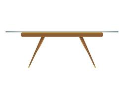 Glass tabletop wood table front view in realistic style. Transparent table top. Home wooden furniture design. Colorful vector illustration isolated on a white background.