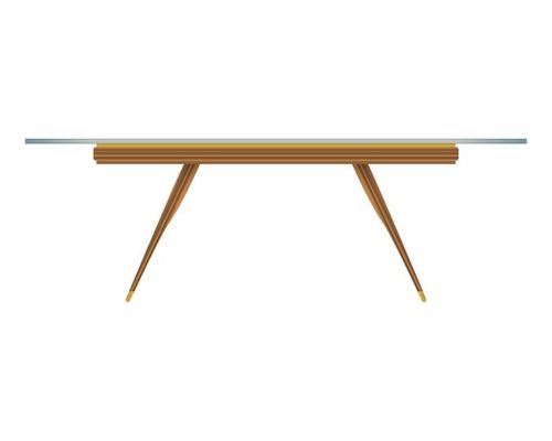Glass tabletop wood table front view in realistic style. Transparent table top. Home wooden furniture design. Colorful vector illustration isolated on a white background.