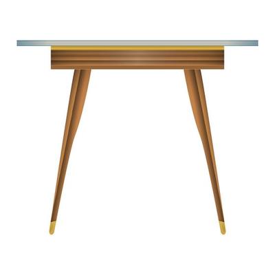 Glass tabletop wood table side view in realistic style. Transparent table top. Home wooden furniture design. Colorful vector illustration isolated on a white background.