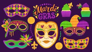 Mardi gras set carnival party design. Fat tuesday, carnival, festival. For greeting card, banner, gift packaging, poster