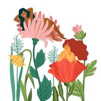 ilustración vectorial aislada de mujeres lindas en flores. concepto del día internacional de la mujer para tarjetas, afiches, volantes y otros usos vector
