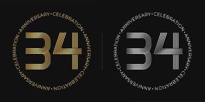 34th birthday. Thirty-four years anniversary celebration banner in golden and silver colors. Circular logo with original numbers design in elegant lines. vector