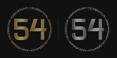 54th birthday. Fifty-four years anniversary celebration banner in golden and silver colors. Circular logo with original numbers design in elegant lines. vector