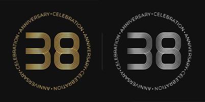 38th birthday. Thirty-eight years anniversary celebration banner in golden and silver colors. Circular logo with original numbers design in elegant lines. vector