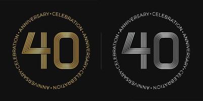 40th birthday. Forty years anniversary celebration banner in golden and silver colors. Circular logo with original numbers design in elegant lines. vector