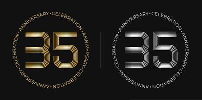 35 cumpleaños. banner de celebración de aniversario de treinta y cinco años en colores dorado y plateado. logo circular con diseño de números originales en líneas elegantes. vector