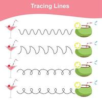 Tracing lines worksheet. Kids educational game. Worksheet for preschool. Drawing practice with summer theme. Vector file.