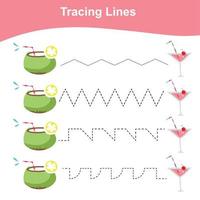 Tracing lines worksheet. Kids educational game. Worksheet for preschool. Drawing practice with summer theme. Vector file.