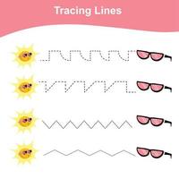 Tracing lines worksheet. Kids educational game. Worksheet for preschool. Drawing practice with summer theme. Vector file.