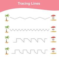 Tracing lines worksheet. Kids educational game. Worksheet for preschool. Drawing practice with summer theme. Vector file.