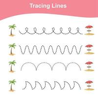 Tracing lines worksheet. Kids educational game. Worksheet for preschool. Drawing practice with summer theme. Vector file.