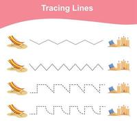 Tracing lines worksheet. Kids educational game. Worksheet for preschool. Drawing practice with summer theme. Vector file.