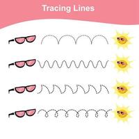 Tracing lines worksheet. Kids educational game. Worksheet for preschool. Drawing practice with summer theme. Vector file.