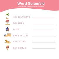 Word scramble worksheet. Kids educational game. Worksheet for preschool. Writing practice with summer theme. Vector file.