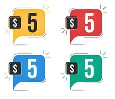 5 dollar price. Yellow, red, blue and green currency tags. Balloon concept with five dollars sales tag. vector