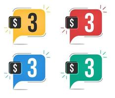 3 dollar price. Yellow, red, blue and green currency tags. Balloon concept with three dollars sales tag. vector