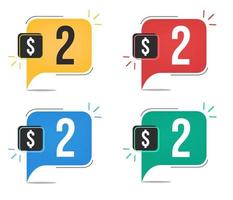 2 dollar price. Yellow, red, blue and green currency tags. Balloon concept with two dollars sales tag. vector