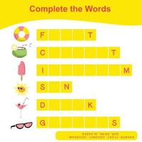 Complete the words worksheet. Kids educational game. Worksheet for preschool. Writing practice with summer theme. Vector file.