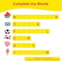 Complete the words worksheet. Kids educational game. Worksheet for preschool. Writing practice with summer theme. Vector file.