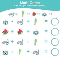 Counting summer items for preschool. Printable math worksheet. Math Game for Preschool. Vector file.