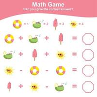 Counting summer items for preschool. Printable math worksheet. Math Game for Preschool. Vector file.