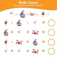 Counting summer items for preschool. Printable math worksheet. Math Game for Preschool. Vector file.