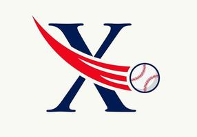 letra x concepto de logotipo de béisbol con plantilla de vector de icono de béisbol en movimiento