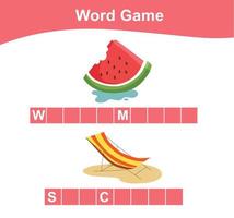 Complete the words worksheet. Kids educational game. Worksheet for preschool. Writing practice with summer theme. Vector file.