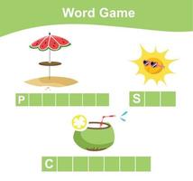 Complete the words worksheet. Kids educational game. Worksheet for preschool. Writing practice with summer theme. Vector file.