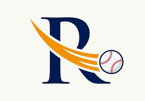 Letter R Baseball Logo Concept With Moving Baseball Icon Vector Template