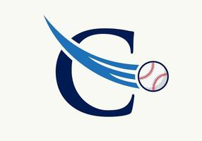 letra c concepto de logotipo de béisbol con plantilla de vector de icono de béisbol en movimiento