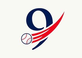 letra 9 concepto de logotipo de béisbol con plantilla de vector de icono de béisbol en movimiento