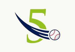 concepto de logotipo de béisbol de letra 5 con plantilla de vector de icono de béisbol en movimiento