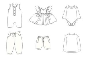 ropa para niños con fondo blanco, maquetas vectoriales de ropa para niños, vestido para una niña, pantalones cortos para niños, pantalones, overoles para un bebé, traje corporal para un bebé vector