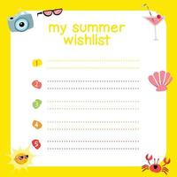 Summer planner for kids. Writing practice for children. Colorful agenda and worksheet. Vector file.