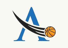 Initial Letter A Basketball Logo Concept With Moving Basketball Icon. Basket Ball Logotype Symbol Vector Template