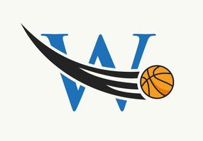 Initial Letter W Basketball Logo Concept With Moving Basketball Icon. Basket Ball Logotype Symbol Vector Template