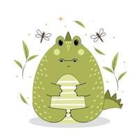 Vector illustration of crocodile, crocodile in flat style with contours, cute crocodile isolated on a white background