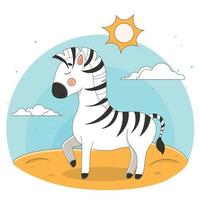 Cute zebra standing, cute vector illustration with zebra for baby clothes and invitations, tropical cartoon animal,  zebra in flat style