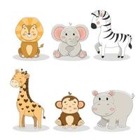 colección de lindos dibujos animados, leones, elefantes, cebras, jirafas, monos, hipopótamos vector