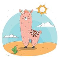 Lama with cactus, greeting card, vector illustration, Mexican cartoon cute alpaca lama with white wool. Peru desert llama and cactus isolated. Funny animals vector set