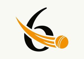 concepto de logotipo de cricket de letra 6 con icono de bola de cricket en movimiento. plantilla de vector de símbolo de logotipo de deportes de cricket